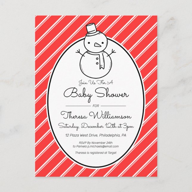 Babyparty | Winter Snowman Candy Cane Postkarte (Vorderseite)