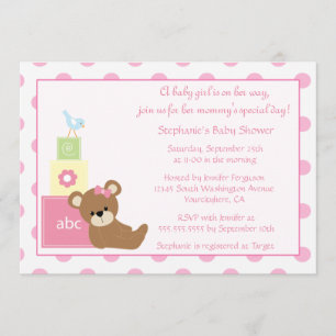 Babypartyeinladung des Teddybär- und Vogelmädchens Einladung