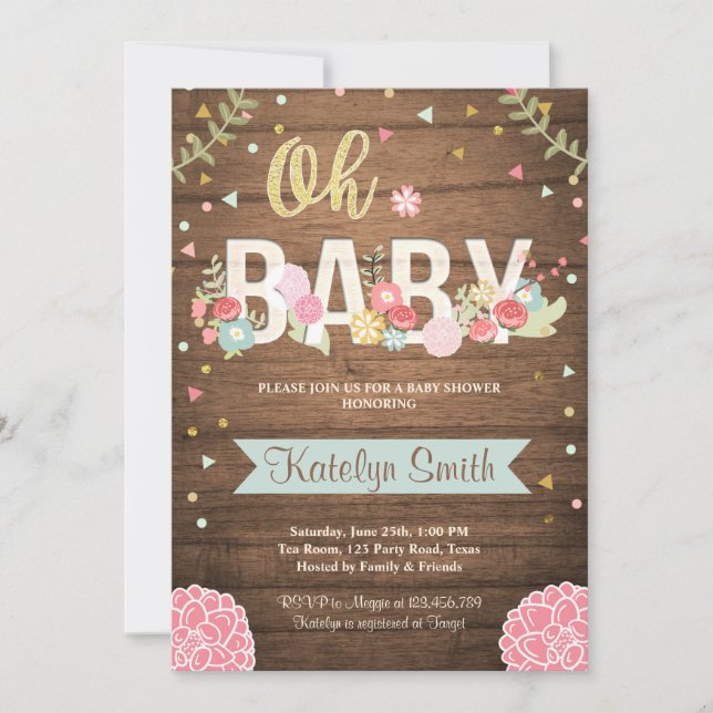 Babypartyeinladung rustikaler hölzerner mit einladung (Vorderseite)