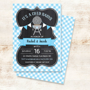 BABYQ Blue Gingham Chalkboard Boy Baby Shoounter Einladung