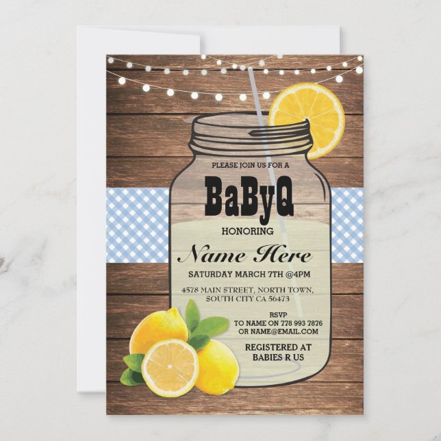 BaByQ Gender Reveal Baby Shower Blue Karo einladen Einladung (Vorderseite)