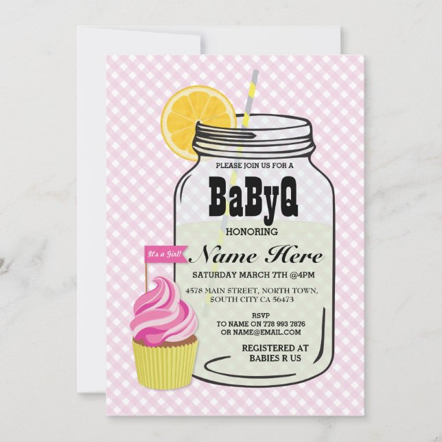 BaByQ Gender Reveal Baby Shower Pink Karo einladen Einladung (Vorderseite)