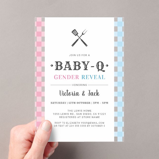 BabyQ Gender Reveal Gingham GRILLEN Acryleinladungen (Insitu (Handheld))