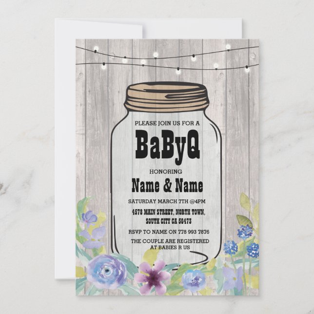 BaByQ GRILLEN Baby Shower Jar StringLights Wood In Einladung (Vorderseite)