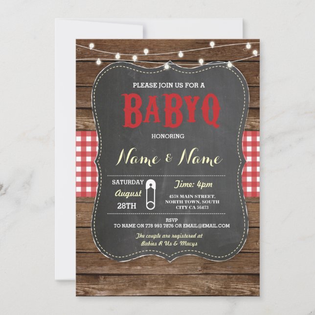 BaByQ GRILLEN Baby Shower Red Chalk Wood laden Einladung (Vorderseite)