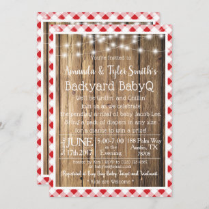 BabyQ GRILLEN Wood Rustic Red Gingham Baby Shower Einladung