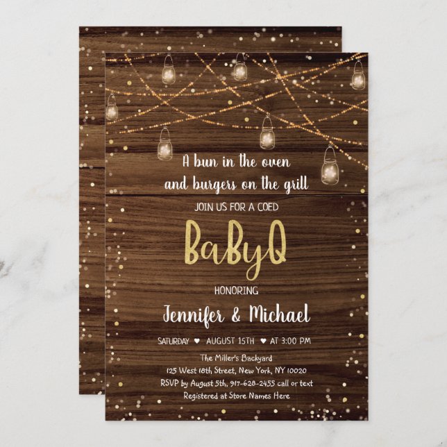 BabyQ Rustic String Lights GRILLEN Baby Shower Einladung (Vorne/Hinten)