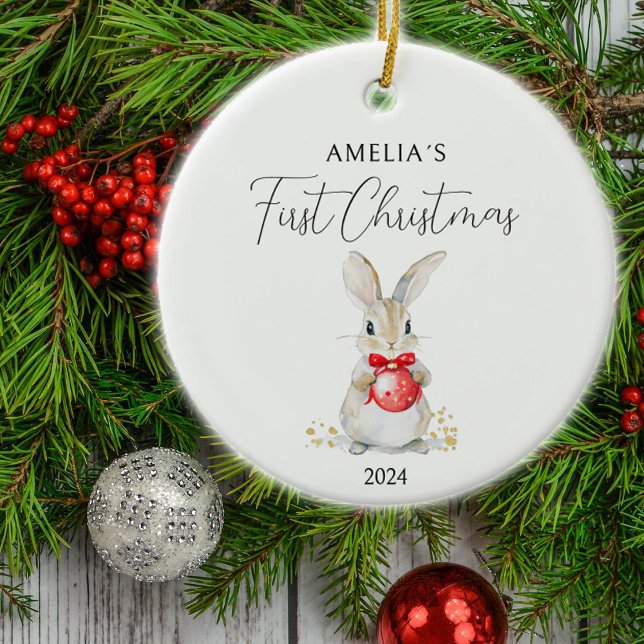Babyrabbit Watercolor Custom Erste Weihnacht Keramik Ornament (Von Creator hochgeladen)