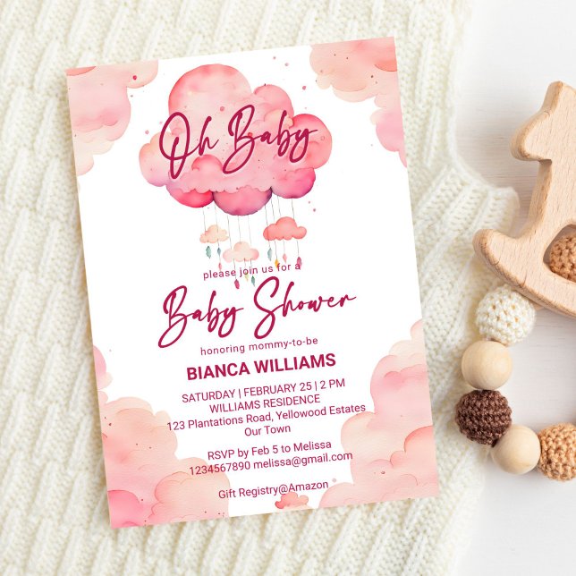 Babyrosa-Babywolke-Babydusche Einladung (Oh baby pink whimsical cute cloud girls baby shower invite template digital download modern casual)