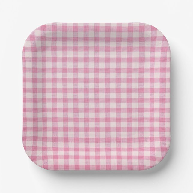 Babyrosa Gingham-Muster Pappteller (Vorderseite)