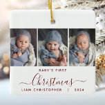 Baby's 1. Christmas 3 Foto Burgundy Red Script Keramikornament<br><div class="desc">Helfen Sie ihnen, mit diesem schönen modernen Sake-Ornament an das erste Weihnachtsfest ihres Enkels zu erinnern. Der bordeauxrote Text lautet "Das erste Weihnachtsfest des Babys", mit dem Wort "Weihnachten" in eleganter Schrift mit Schnörkeln vor und nach. Ersetzen Sie die drei Beispielbilder durch Ihre bevorzugten vertikalen Fotos, und fügen Sie den...</div>