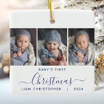 Baby's 1. Christmas 3 Foto Navy Blue Script Keramikornament<br><div class="desc">Helfen Sie ihnen, mit diesem schönen modernen Sake-Ornament an das erste Weihnachtsfest ihres Enkels zu erinnern. Der marineblaue Text lautet "Das erste Weihnachtsfest des Babys", mit dem Wort "Weihnachten" in eleganter Handschrift mit Schnörkeln vor und nach. Ersetzen Sie die drei Beispielbilder durch Ihre bevorzugten vertikalen Fotos, und fügen Sie den...</div>