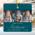 Baby's 1. Christmas Aquamarin Blue 3 Foto Script Keramikornament<br><div class="desc">Helfen Sie ihnen, mit diesem schönen modernen Sake-Ornament an das erste Weihnachtsfest ihres Enkels zu erinnern. Der weiße Text lautet "Das erste Weihnachtsfest des Babys", mit dem Wort "Weihnachten" in eleganter Handschrift mit Schnörkeln vor und nach einem aquamarinen blauen Hintergrund. Ersetzen Sie die drei Beispielbilder durch Ihre bevorzugten vertikalen Fotos,...</div>