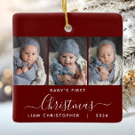 Baby's 1. Christmas Burgundy Red 3 Foto Script Keramikornament<br><div class="desc">Helfen Sie ihnen, mit diesem schönen modernen Sake-Ornament an das erste Weihnachtsfest ihres Enkels zu erinnern. Der weiße Text lautet "Das erste Weihnachtsfest des Babys", mit dem Wort "Weihnachten" in eleganter Handschrift mit Schnörkeln vor und nach auf bordeauxrotem Hintergrund. Ersetzen Sie die drei Beispielbilder durch Ihre bevorzugten vertikalen Fotos, und...</div>