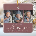Baby's 1. Christmas Dusty Rose 3 Foto Script Keramikornament<br><div class="desc">Helfen Sie ihnen, mit diesem schönen modernen Sake-Ornament an das erste Weihnachtsfest ihres Enkels zu erinnern. Der weiße Text lautet "Das erste Weihnachtsfest des Babys", mit dem Wort "Weihnachten" in eleganter Handschrift mit Schnörkeln vor und nach auf einem staubigen Hintergrund der Rose. Ersetzen Sie die drei Beispielbilder durch Ihre bevorzugten...</div>