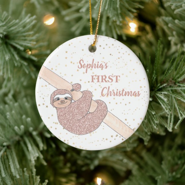 Baby's 1. Christmas Glitzer Sloth Foto Name Keramik Ornament (Baum)