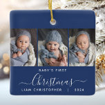 Baby's 1. Christmas Navy Blue 3 Foto Script Keramikornament<br><div class="desc">Helfen Sie ihnen, mit diesem schönen modernen Sake-Ornament an das erste Weihnachtsfest ihres Enkels zu erinnern. Der weiße Text lautet "Das erste Weihnachtsfest des Babys", mit dem Wort "Weihnachten" in eleganter Handschrift mit Schnörkeln vor und nach einem marineblauen Hintergrund. Ersetzen Sie die drei Beispielbilder durch Ihre bevorzugten vertikalen Fotos, und...</div>