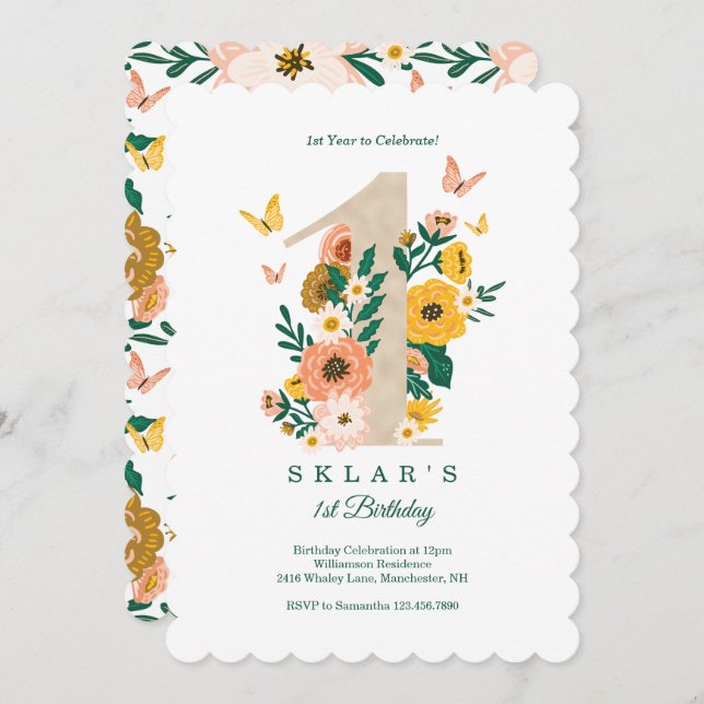 Baby's 1. Geburtstag Frühling Florals Butterflies Einladung (Vorne/Hinten)