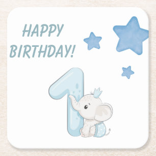 Babys 1. Geburtstag Niedlich Blue Baby Elephant &  Rechteckiger Pappuntersetzer