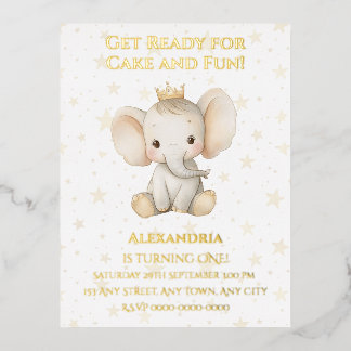 Babys 1. Geburtstag personalisierter Elefant der P Folie Einladungspostkarte