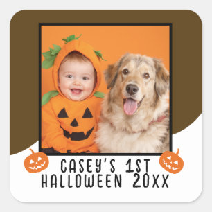 Baby's 1. Halloween personalisiertes Foto Name Jah Quadratischer Aufkleber