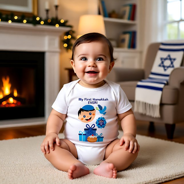 👶 🍩 Baby's 1. Hanukkah - mit glücklichem jüdisch Baby Strampler (Baby's 1st Hanukkah - with happy Jewish baby Baby Bodysuit)
