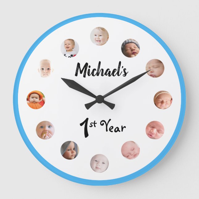 Baby's 1. Jahr 12-Monats-Fotos Geburtstag Große Wanduhr (Vorderseite)