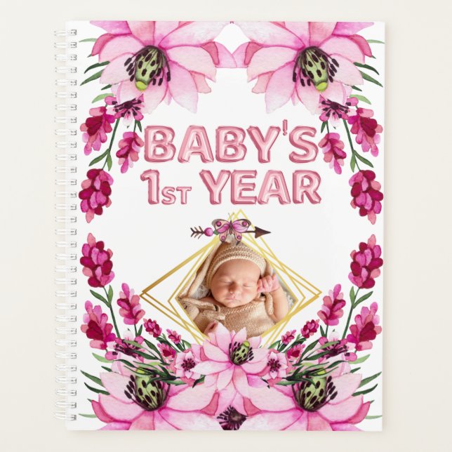 Baby's 1. Jahr Aquarell Blumenkranz DIY Foto Planer (Vorderseite)