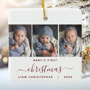 Baby's 1. Weihnachten 3 Foto Burgunderrot Schrift Keramikornament