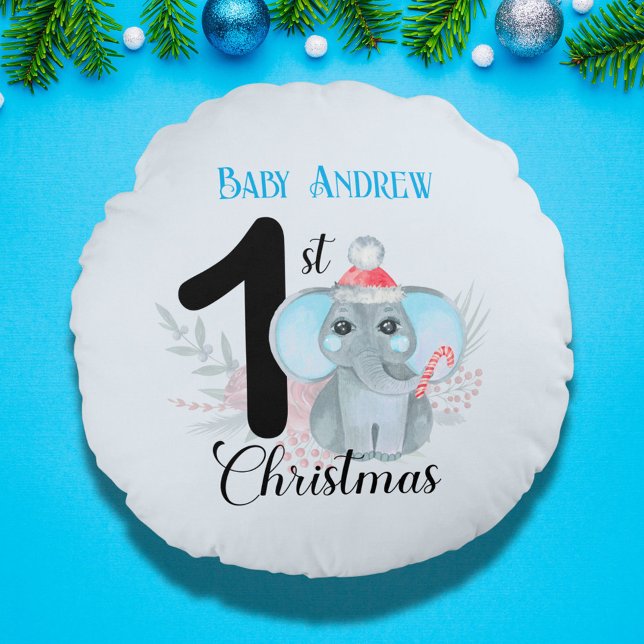 Baby's 1. Weihnachten Niedlich Blue Elephant Keepa Rundes Kissen (Von Creator hochgeladen)