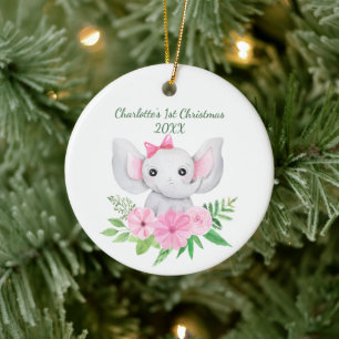Babys 1. Weihnachten Rosa Elefant Grüne Blumen Keramik Ornament