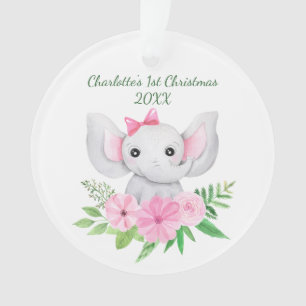 Babys 1. Weihnachten Rosa Elefant Grüne Blumen  Ornament