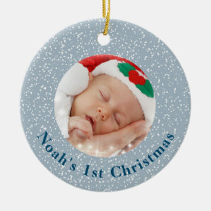 Baby's 1. Weihnachts-Foto Blau mit weißem Schnee Keramik Ornament