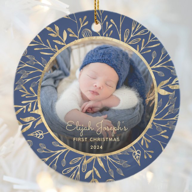 Baby's 1. Weihnachts-Foto Gold Foliage Navy Blue Keramik Ornament (Von Creator hochgeladen)