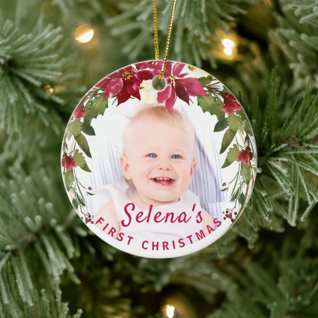 Baby's 1. Weihnachts-Holly-Kranz-Foto Keepake Keramik Ornament (Baum)