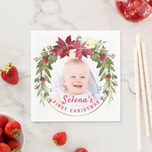 Baby's 1. Weihnachts-Holly-Kranz-Foto Keepake Serviette
