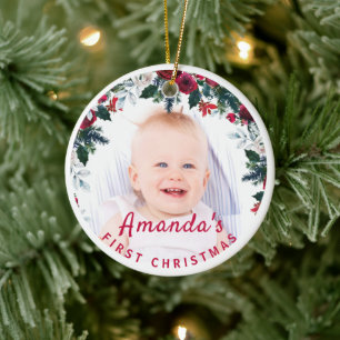 Baby's 1. Weihnachts Holly Rose Wreath Foto Keramik Ornament