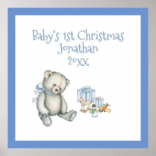 Baby's 1. Weihnachts Personalisiert Blue Keepake Poster (Vorne)