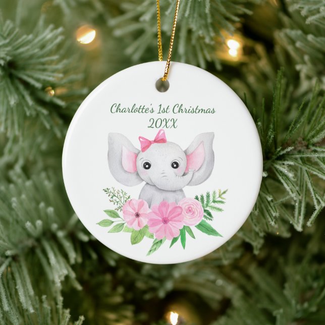 Babys 1. Weihnachts-Rosa Elephant Green Floral Keramik Ornament (Baum)