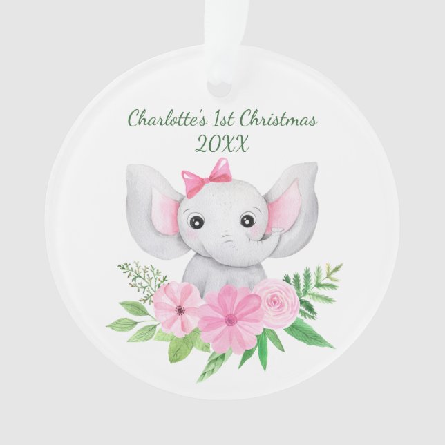 Babys 1. Weihnachts-Rosa Elephant Green Floral Ornament (Vorderseite)