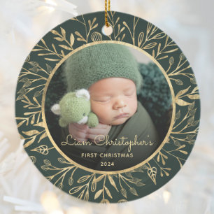 Babys 1. Weihnachtsfoto Goldfoliage Grün Rund Keramik Ornament