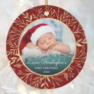 Babys 1. Weihnachtsfoto Goldfoliage Rot Rund Keramik Ornament