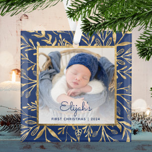 Babys 1. Weihnachtsfoto Marineblau Gold Laub Ornament Aus Glas