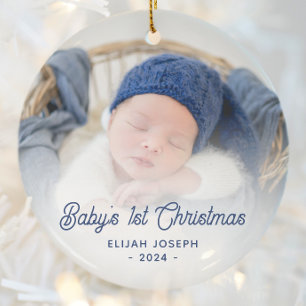 Baby's 1. Weihnachtsfoto Marineblau Retro-Schrift Keramik Ornament
