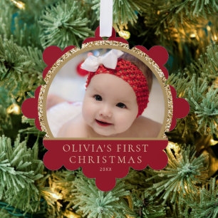 Baby's 1. Weihnachtsfoto Name Rot Gold Ornament Karte