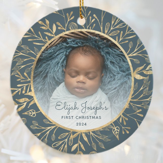 Babys 1. Weihnachtsgebäck Gold Foliage Aquamarine  Keramik Ornament (Von Creator hochgeladen)