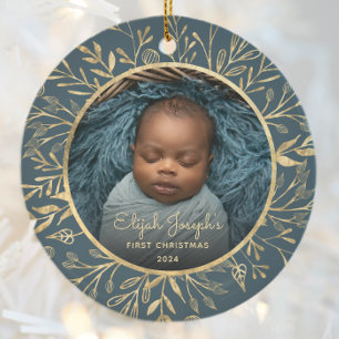 Babys 1. Weihnachtsgebäck Gold Foliage Aquamarine  Keramik Ornament