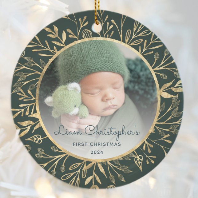Babys 1. Weihnachtsgebäck Gold Foliage Green Round Keramik Ornament (Von Creator hochgeladen)