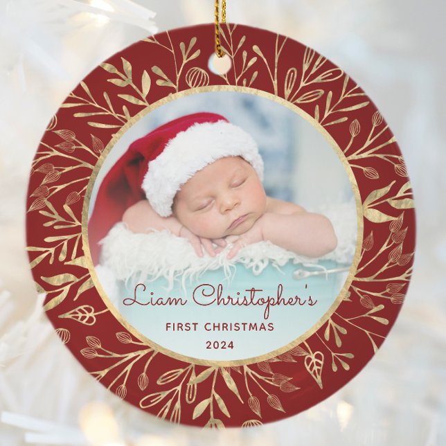 Babys 1. Weihnachtsgebäck Gold Foliage Red Round Keramik Ornament (Von Creator hochgeladen)