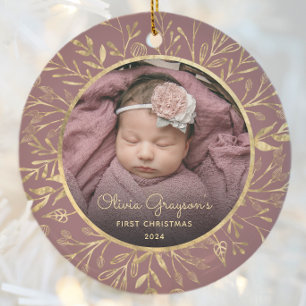 Babys 1. Weihnachtsgebäck Gold Foliage Rose Runde Keramik Ornament
